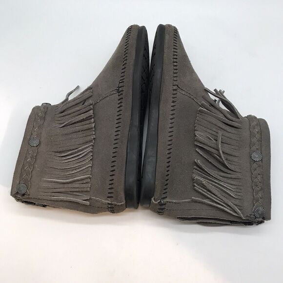 Minnetonka Gray Suede Moccasins Women's 7 Braided Fringe Back Zip Bootie 291T - Picture 7 of 10